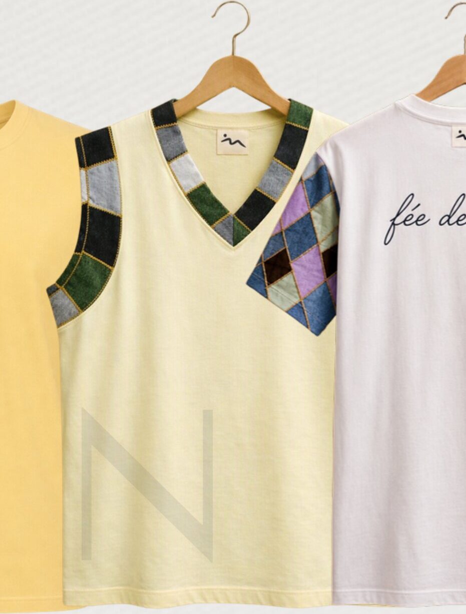 T-shirt blanc « fée des jeans » sur cintre, épaules en patchwork de denim.